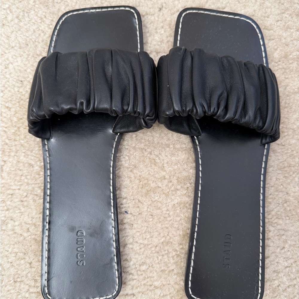 STAUD Black Ruched Slide Sandals